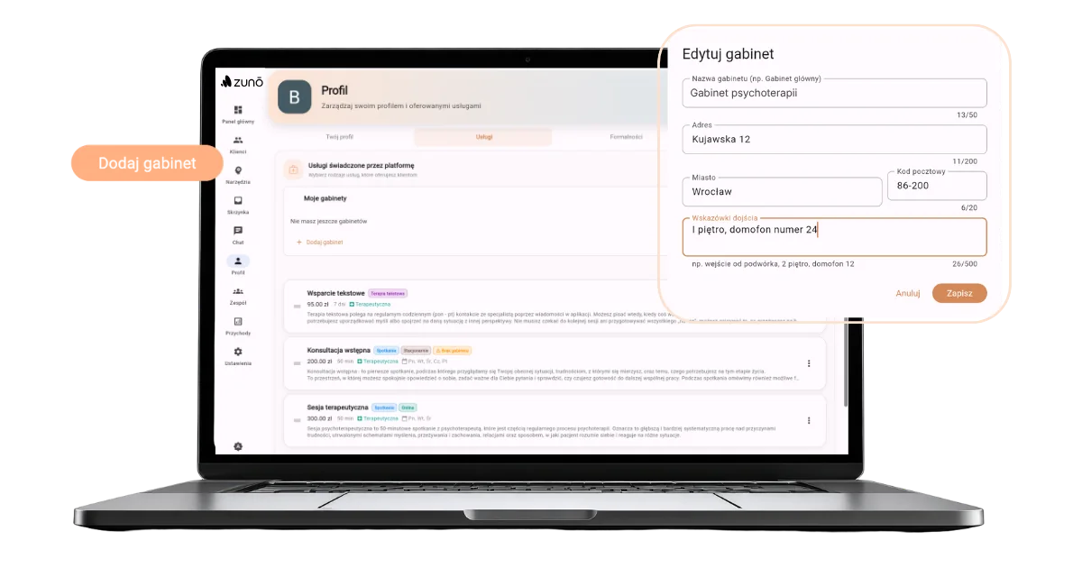 Panel ZUNO PRO na laptopie: profil specjalisty z listą usług i formularz dodawania gabinetu.