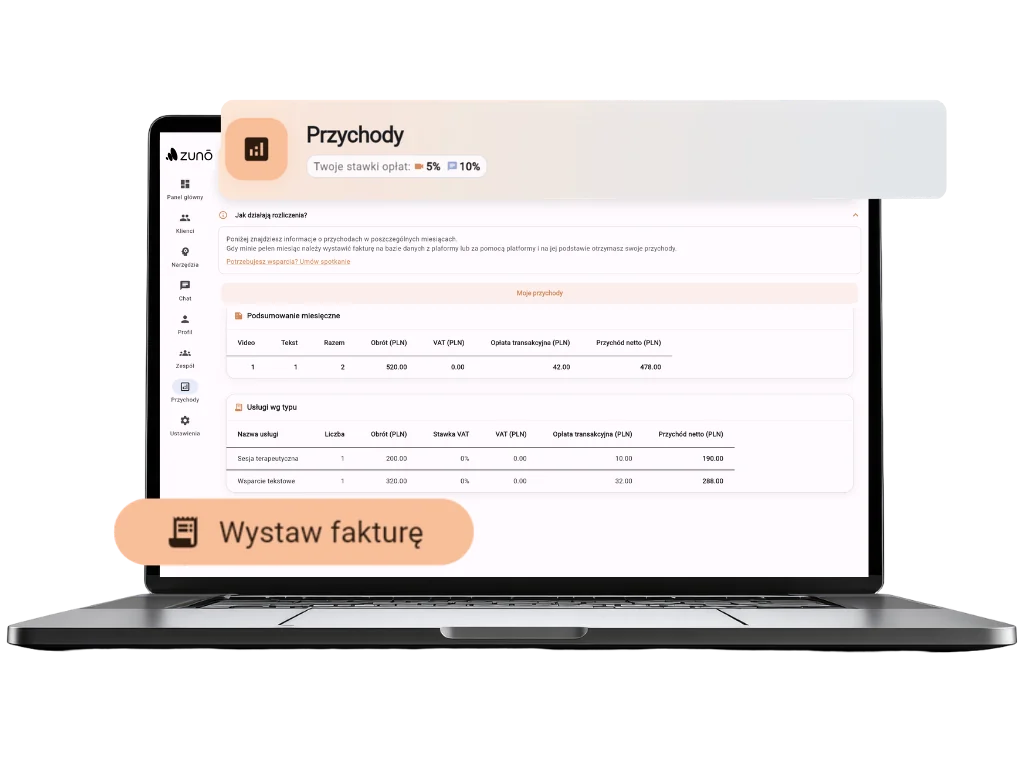 ZUNO PRO revenue panel on a laptop with an option to issue an invoice