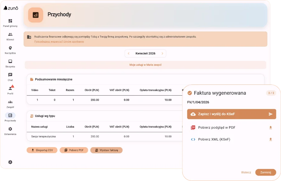 Faktura wygenerowana w ZUNO PRO z opcją wysyłki do KSeF i pobrania XML