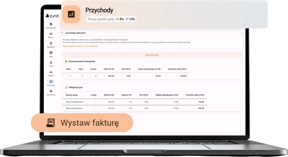 Panel Przychody w ZUNO PRO z podsumowaniem miesięcznym i przyciskiem wystawienia faktury