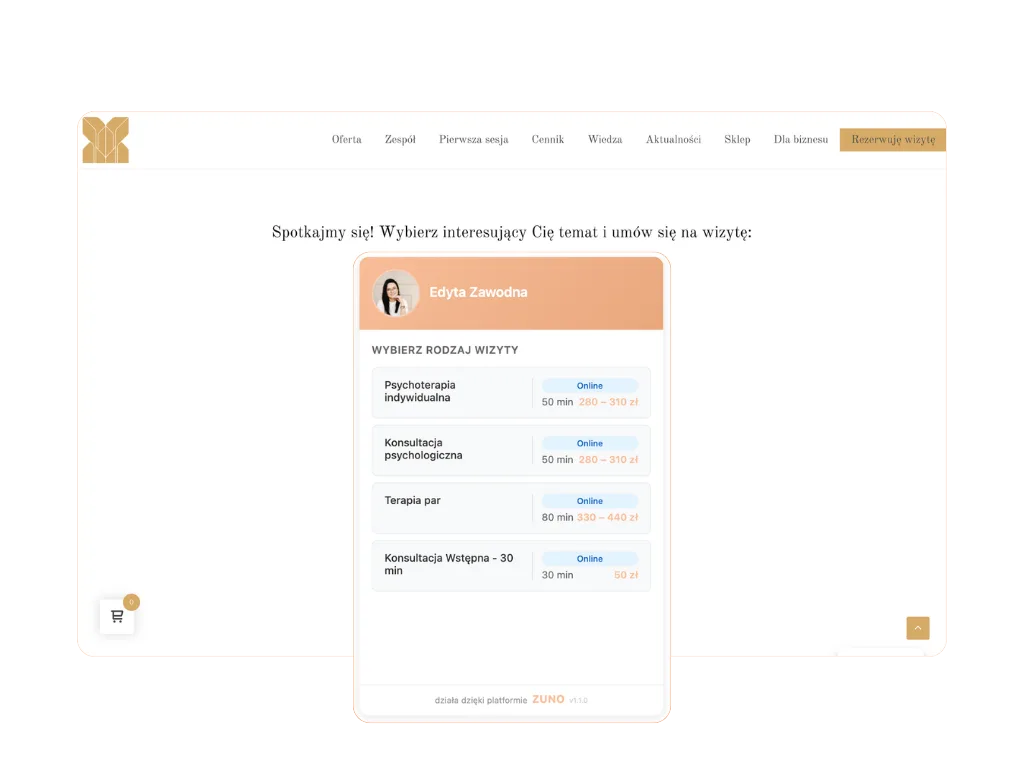 Widget rezerwacji ZUNO PRO osadzony na stronie specjalisty: pacjent wybiera rodzaj wizyty i termin bezpośrednio ze strony