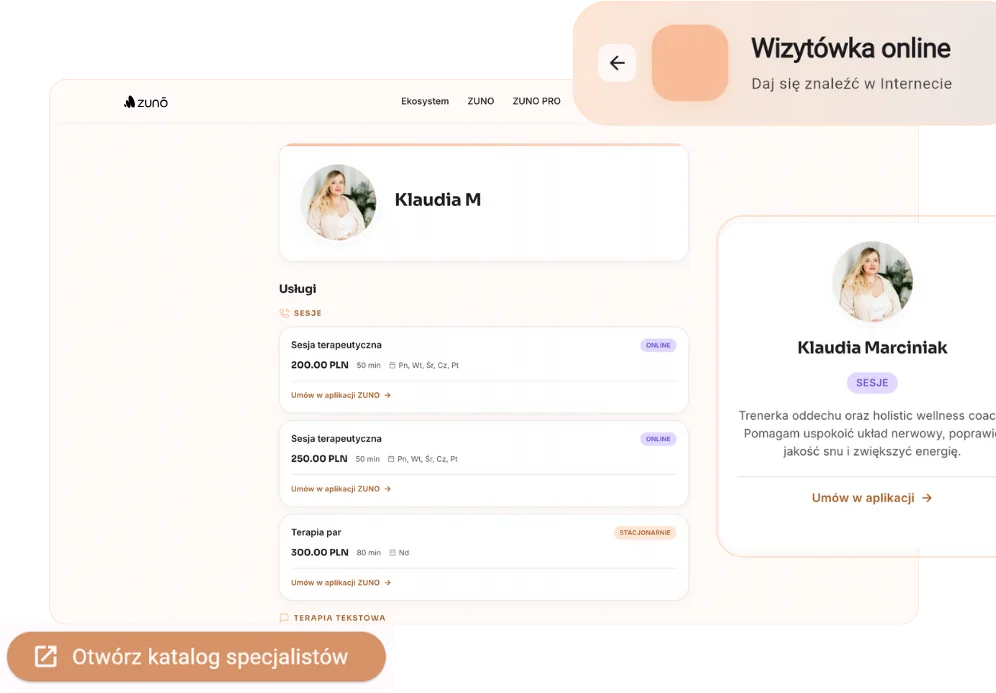 Wizytówka online specjalisty ZUNO z listą usług i cenami