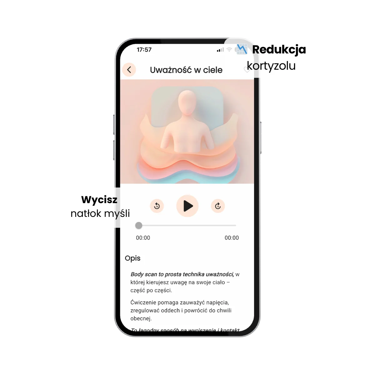 Aplikacja ZUNO – Odtwarzacz medytacji uważności i technika Body Scan na redukcję kortyzolu i napięcia w ciele.