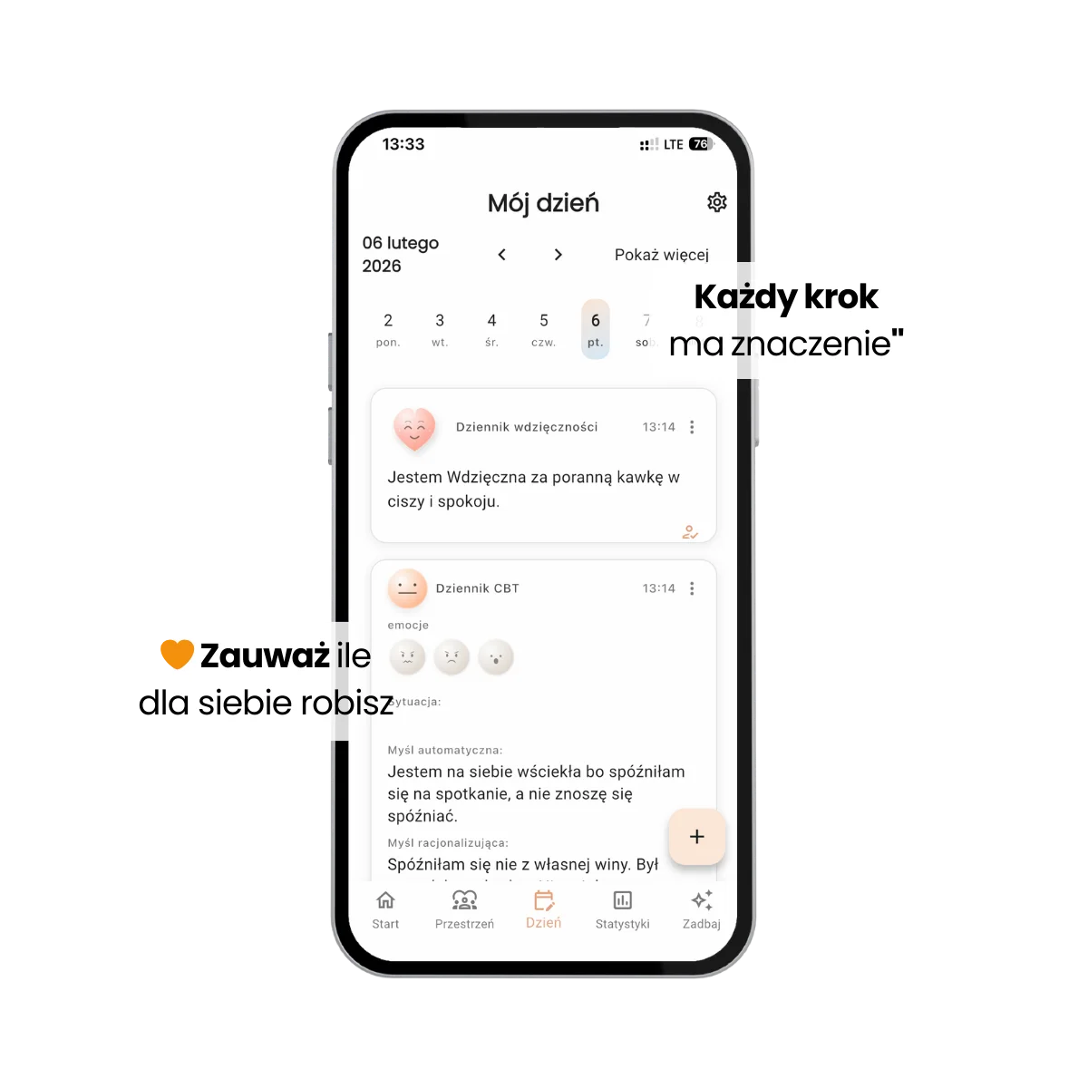 Aplikacja ZUNO – Widok Mój Dzień. Dziennik wdzięczności i trening emocji CBT jako codzienne mikro-nawyki.