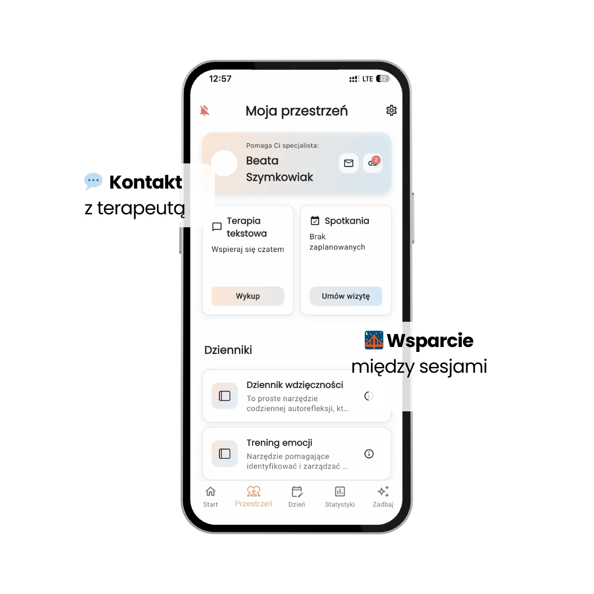 ZUNO PRO – Panel pacjenta Moja Przestrzeń. Kontakt z terapeutą, umawianie wizyt online i praca własna w aplikacji.